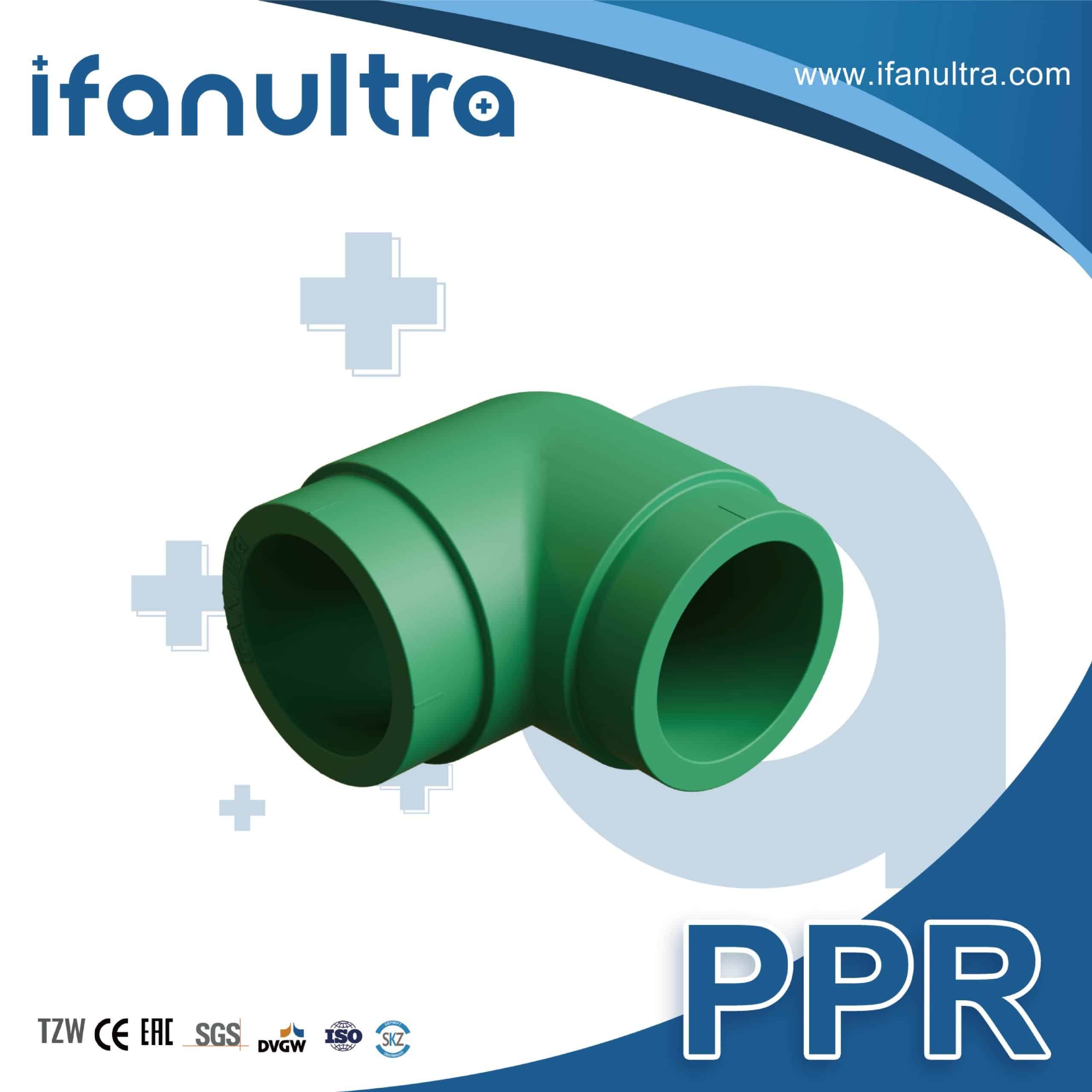 A Green PPR Elbow 90° SR (Short Radius, Molded, Butt-fusion)