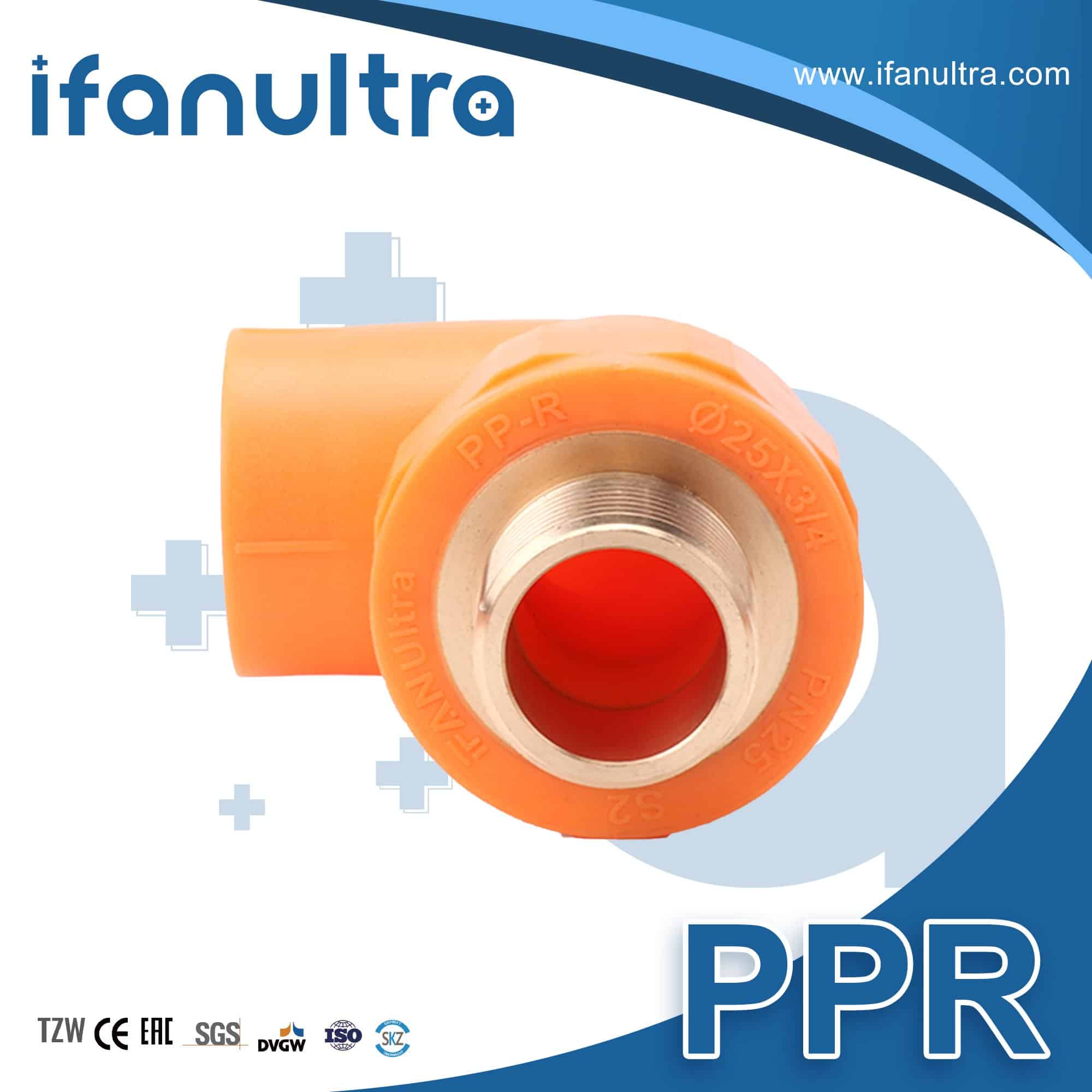 PPR male threaded transition elbow with brass insert overmoulded into the polypropylene body