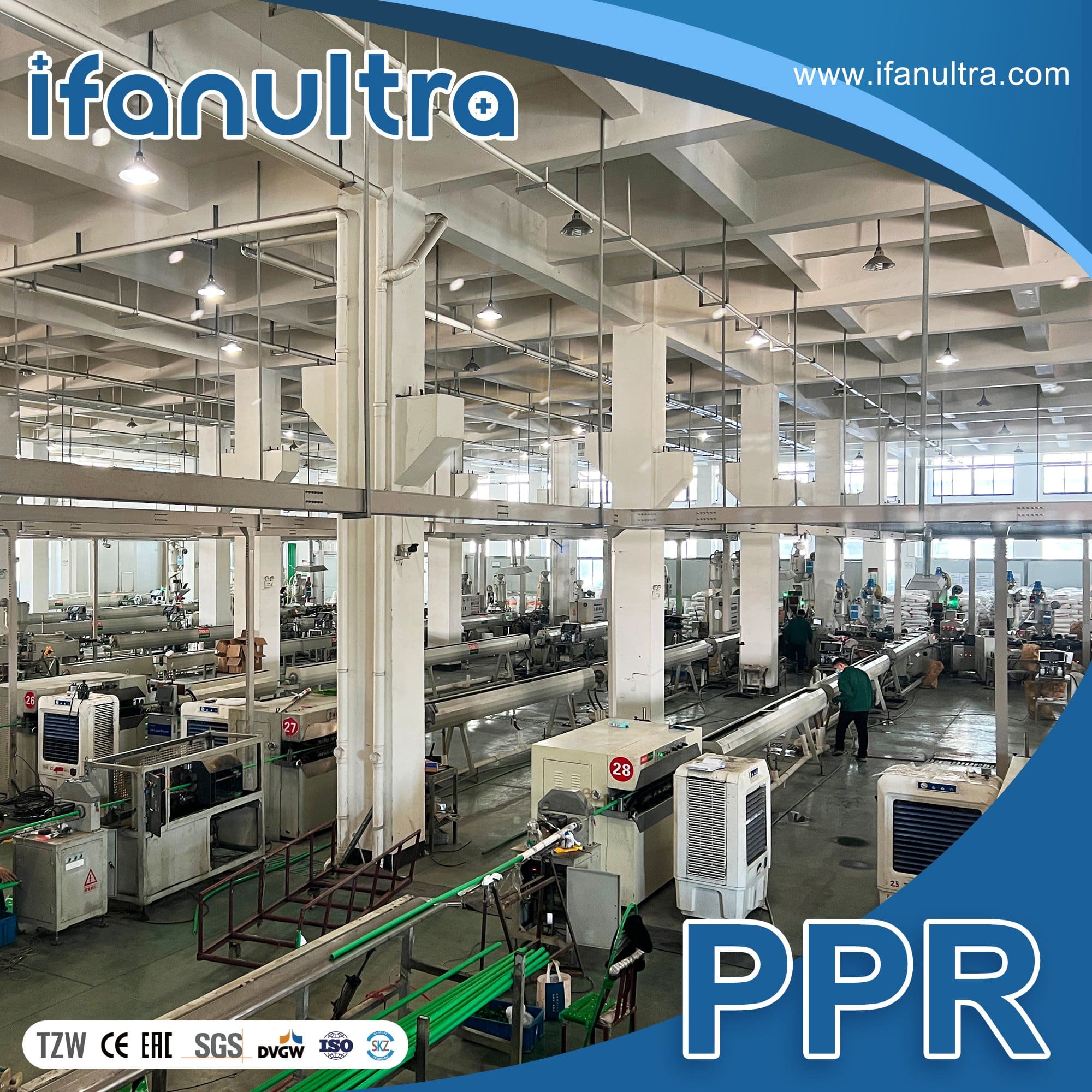 IFANULTRA PPR extrusion workshop where DN20 to DN160 pipe is produced on automated lines