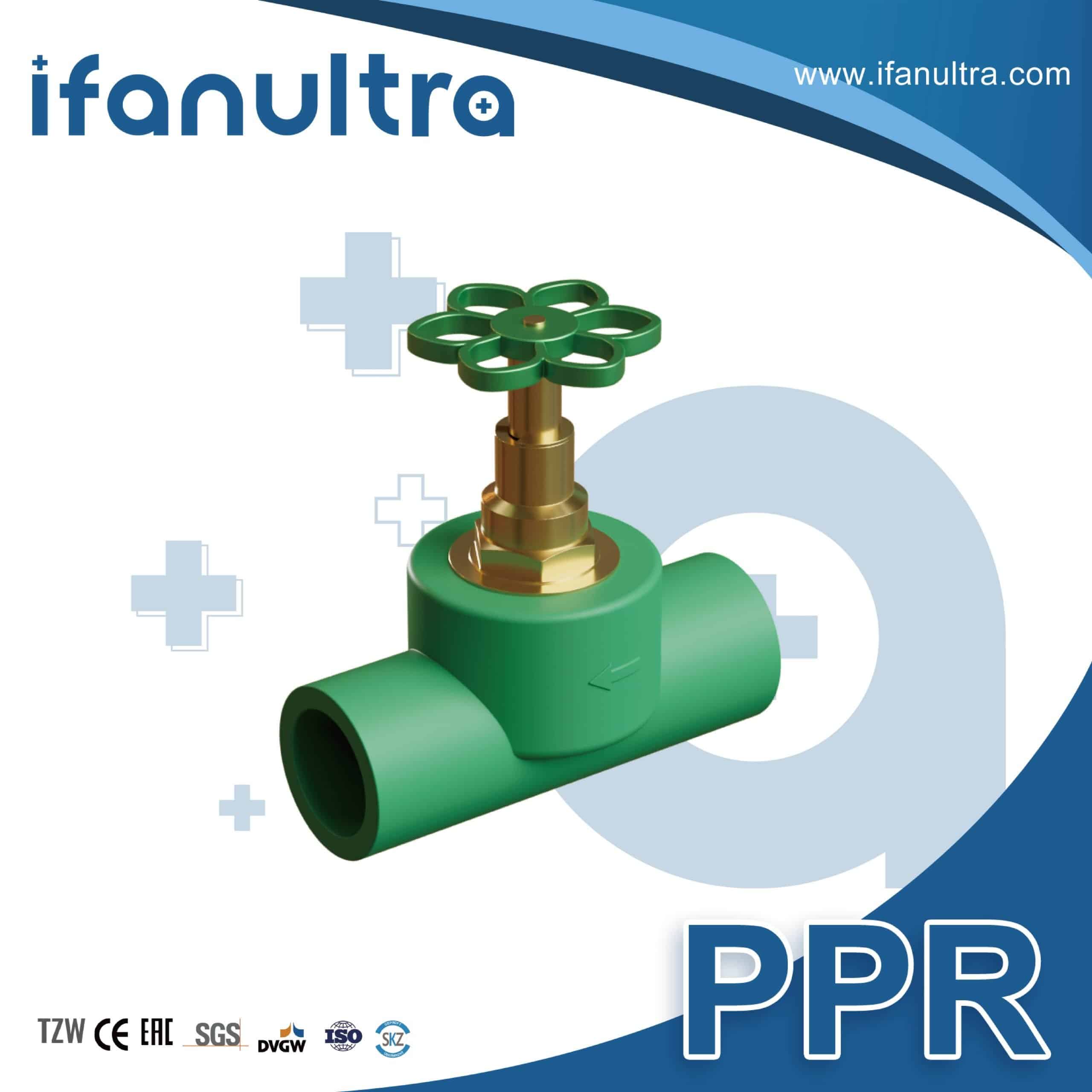 Green PPR stop valve fused into a PPR pipe system