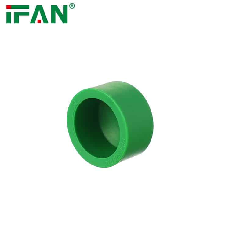 Green PPR end cap used to close and pressure-test a PPR line