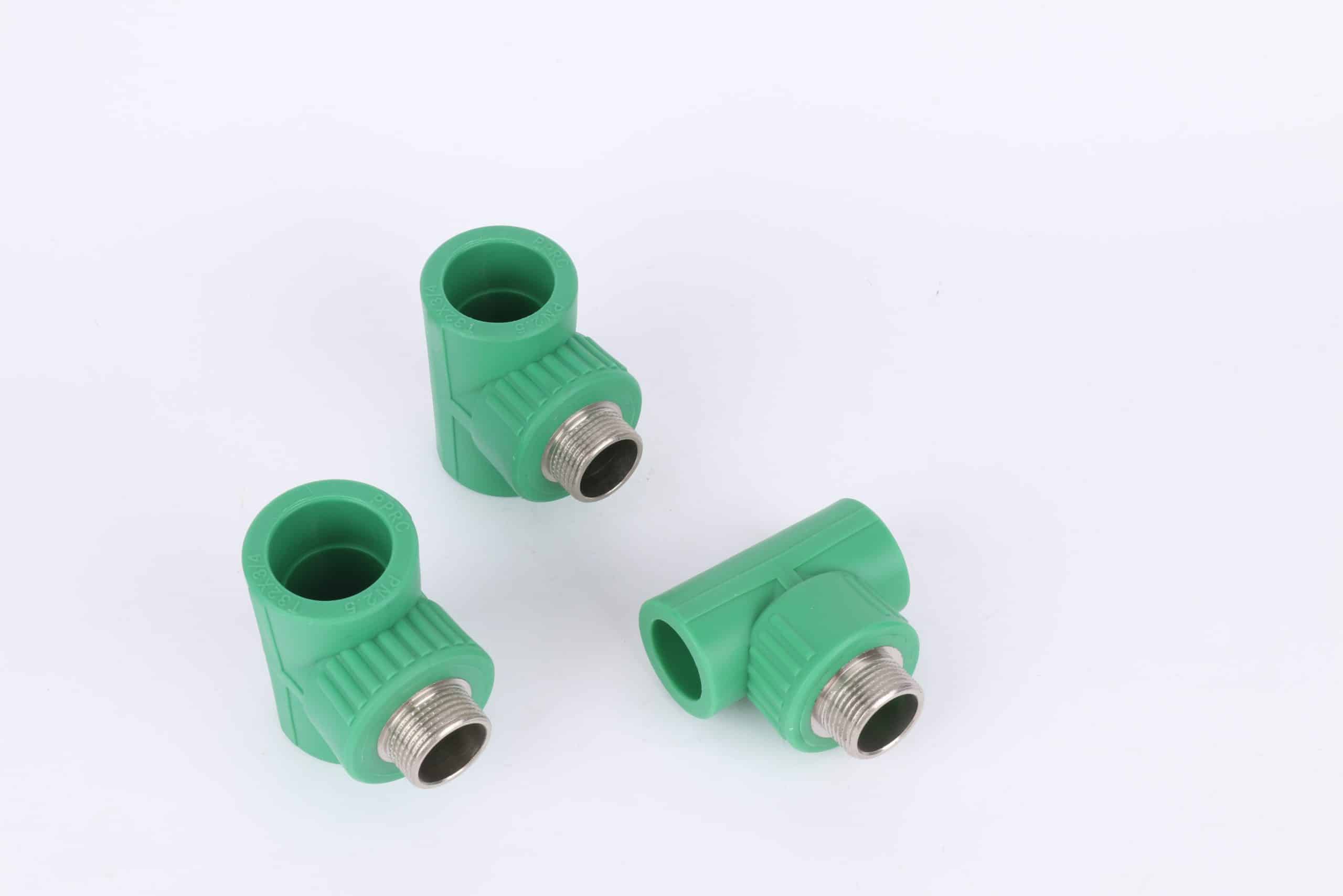 PPR threaded tee fitting of the type used to take a valve or fixture branch off a PPR riser