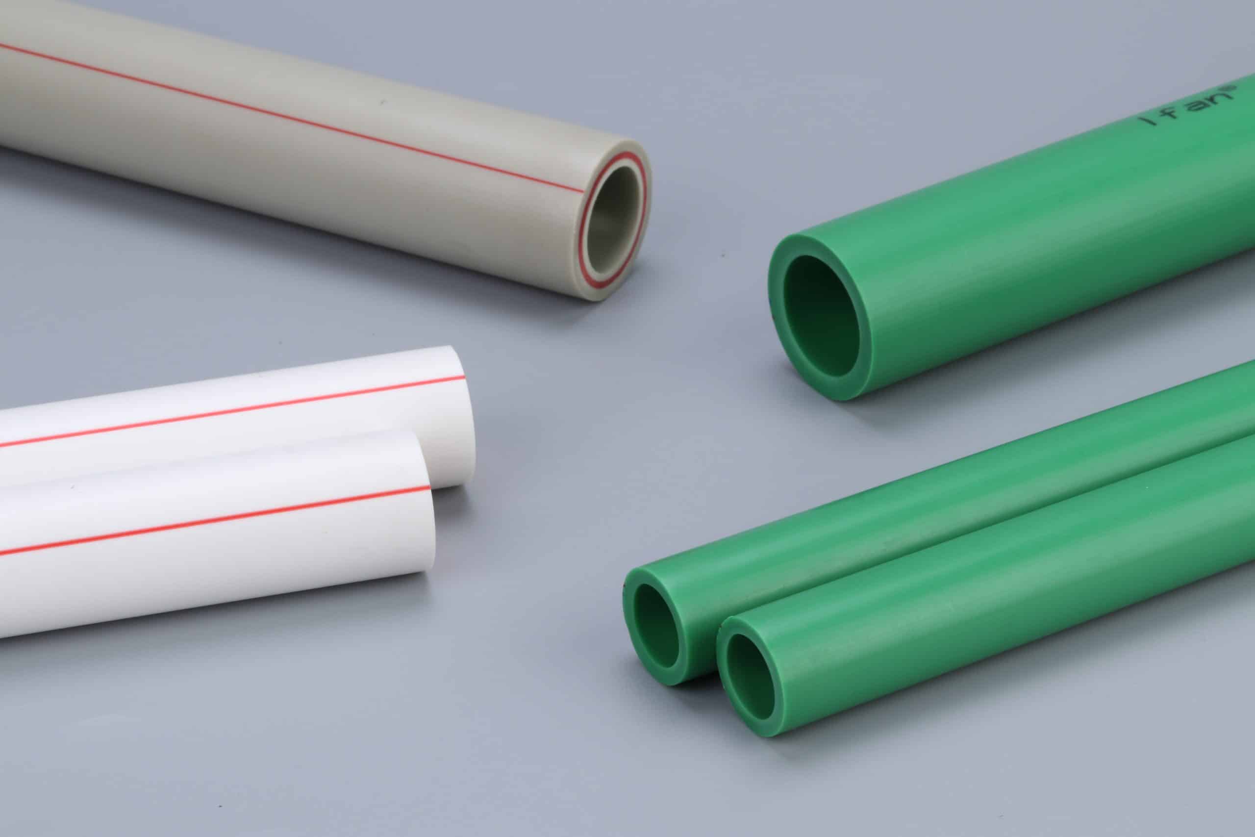 Range of PPR pipe diameters from DN20 to DN160 shown together