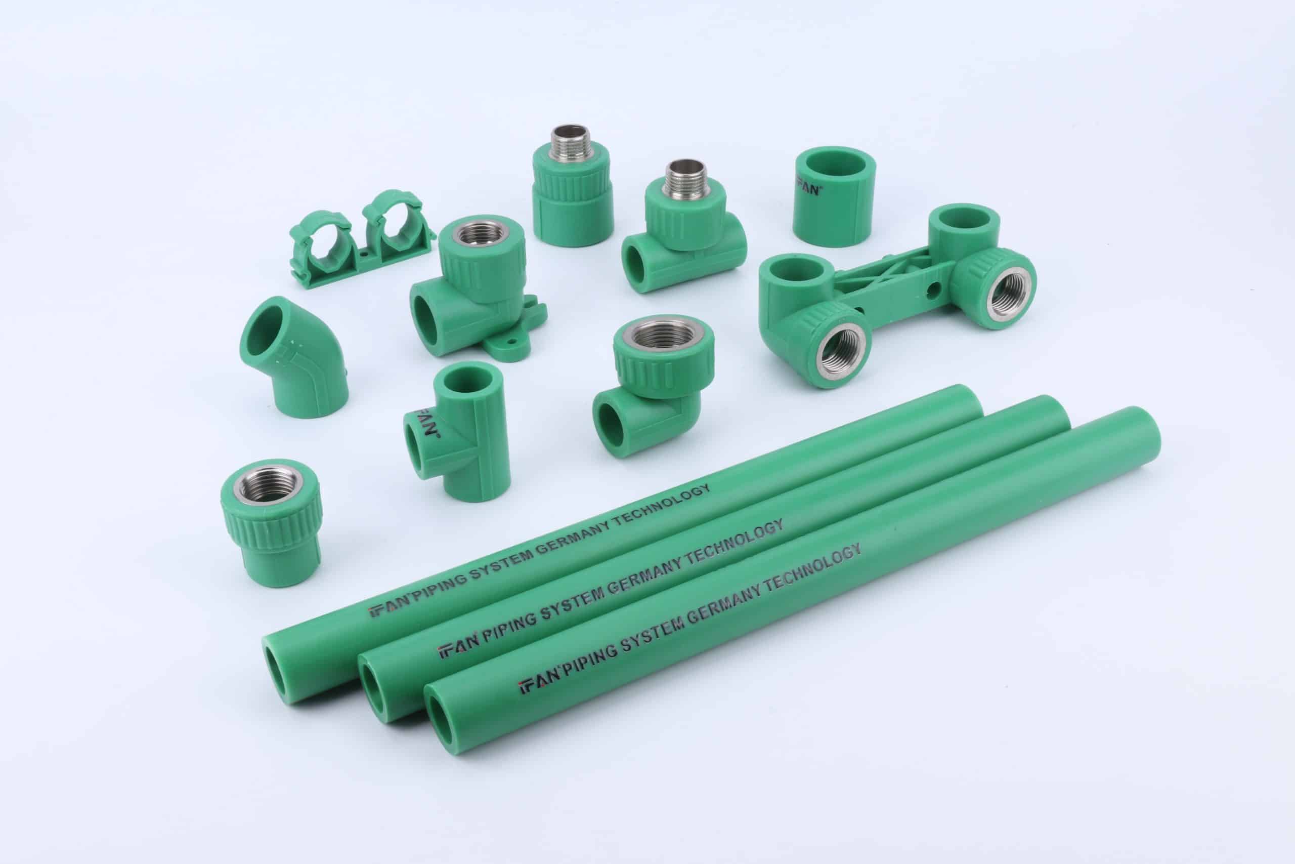 Green PP-R pipe lengths in several nominal diameters, the product family governed by ISO 15874-2 dimension class A
