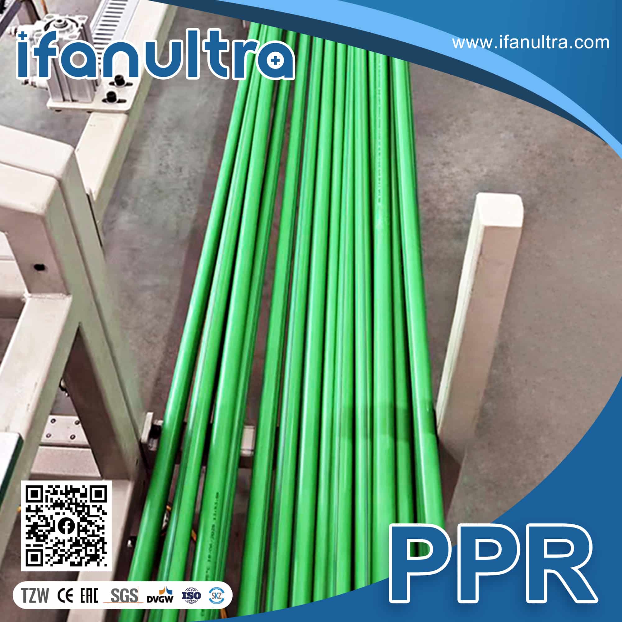 IFANULTRA PPR pipe lengths in several DN diameters stacked for dimensional inspection