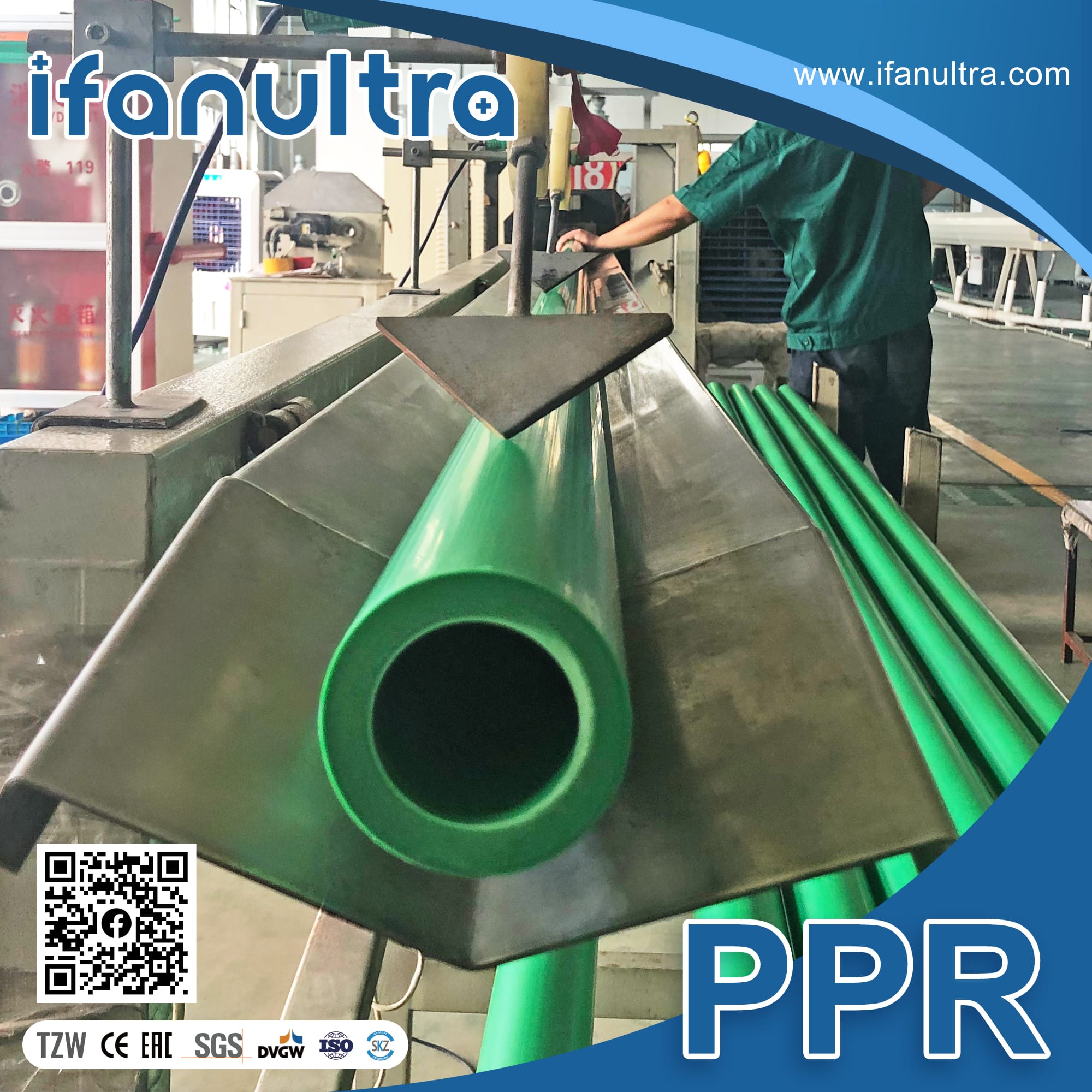 IFANULTRA PPR pipe stacked by pressure class showing green PN20 pipe walls