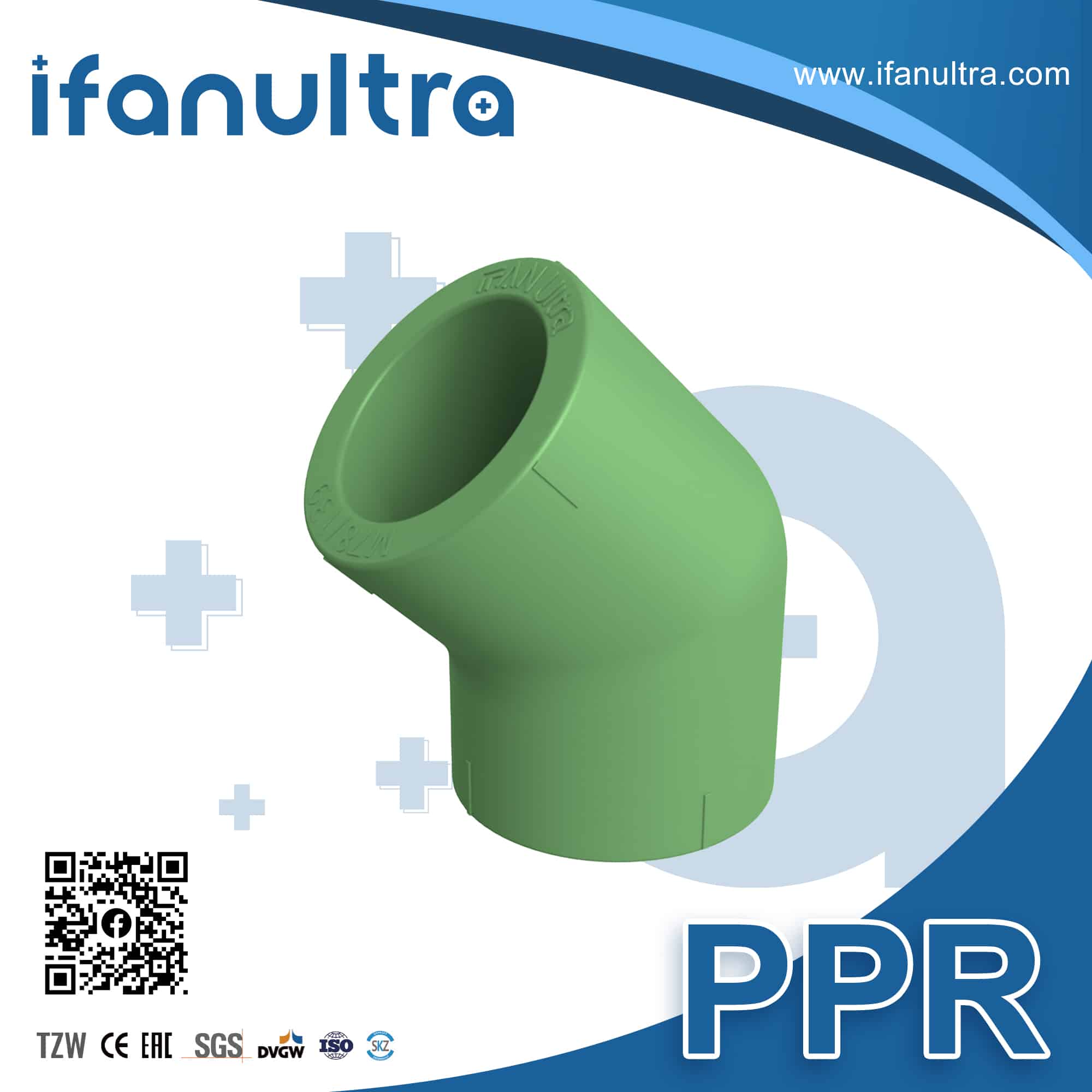 PPR 45 degree elbow fitting for changing pipe direction with low turbulence