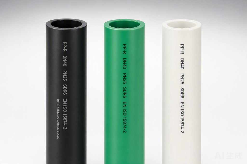 Black polypropylene pipe compared to green and white PPR pipe side by side, showing UV-protective carbon black pigment
