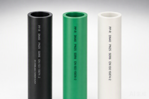 Black polypropylene pipe compared to green and white PPR pipe side by side, showing UV-protective carbon black pigment