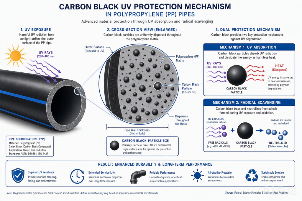 Cross-section diagram of black polypropylene pipe showing carbon black UV protection mechanism through absorption and radical scavenging