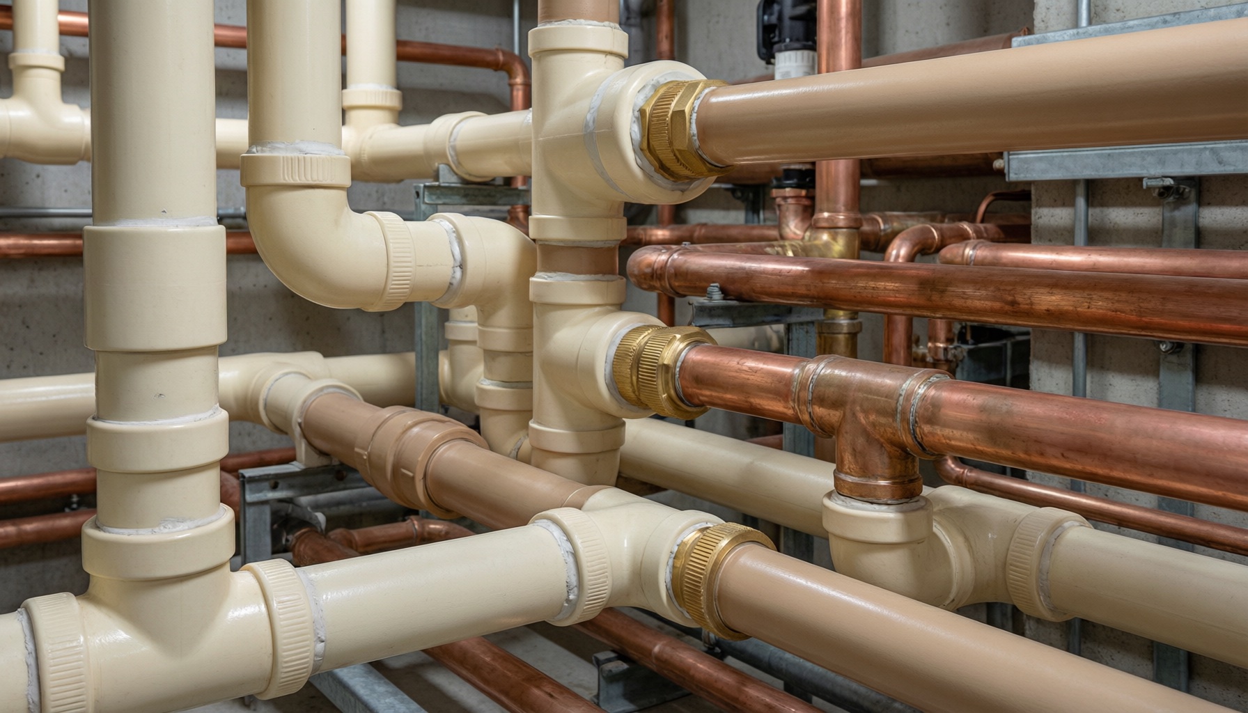 CPVC pipe installation for hot water distribution in a commercial mechanical room showing solvent-cement joints and copper adapter transitions