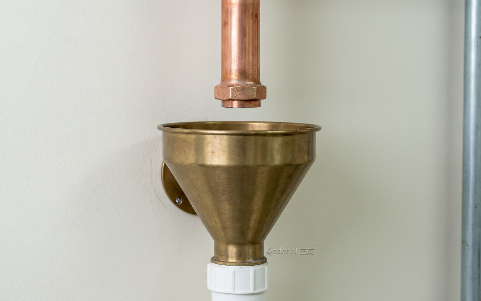 Tundish air gap fitting on a relief valve discharge pipe in a commercial mechanical room