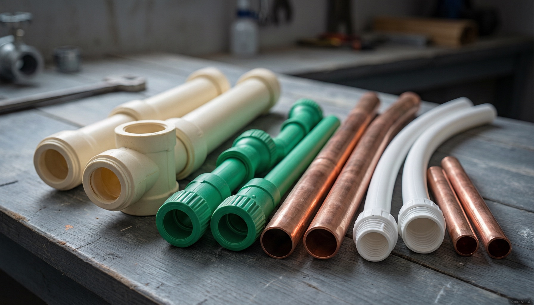 CPVC fittings, PPR fittings, copper pipe sections, and PEX tubing arranged on a plumber's workbench for an installed-cost comparison