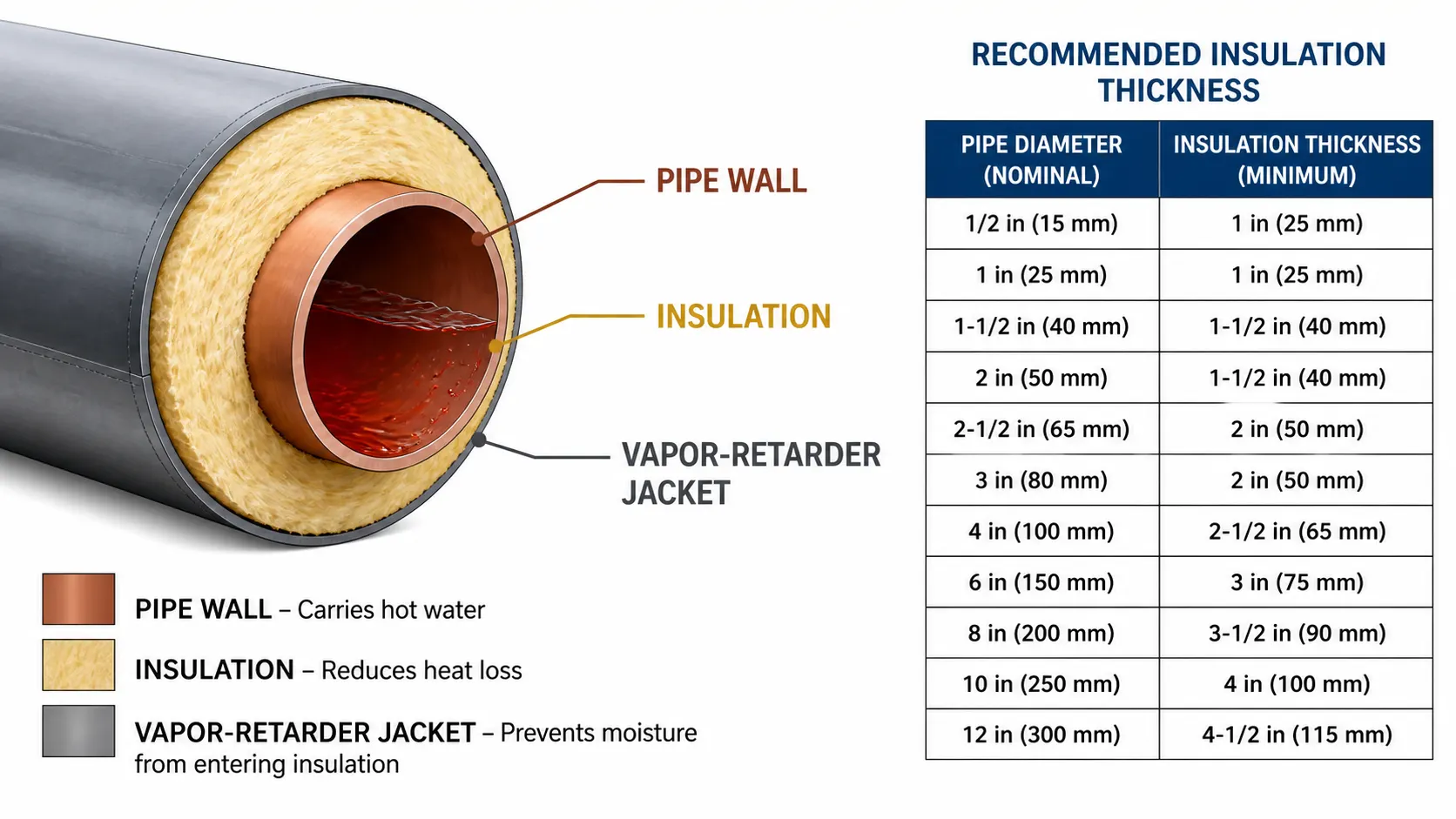 Cutaway of insulated hot water pipe showing pipe, insulation, vapor barrier and thickness scale