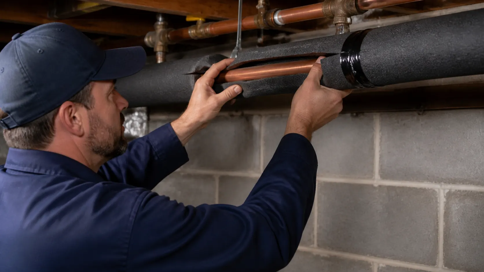 Contractor fitting a foam insulation tube over a hot water pipe in a basement, vapor tape in hand
