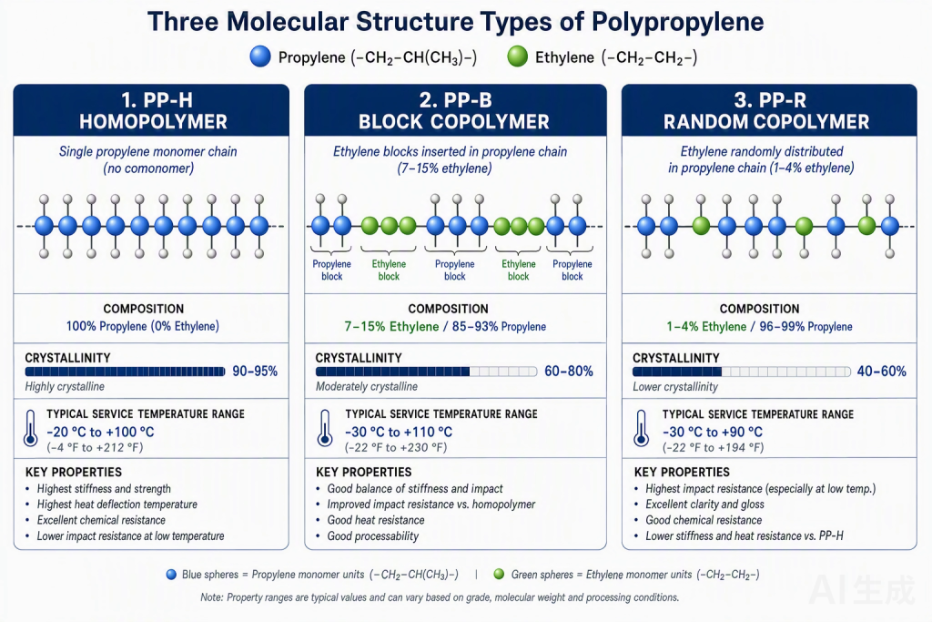 Molecular structure comparison of PP-H homopolymer PP-B block copolymer and PP-R random copolymer showing ethylene content differences
