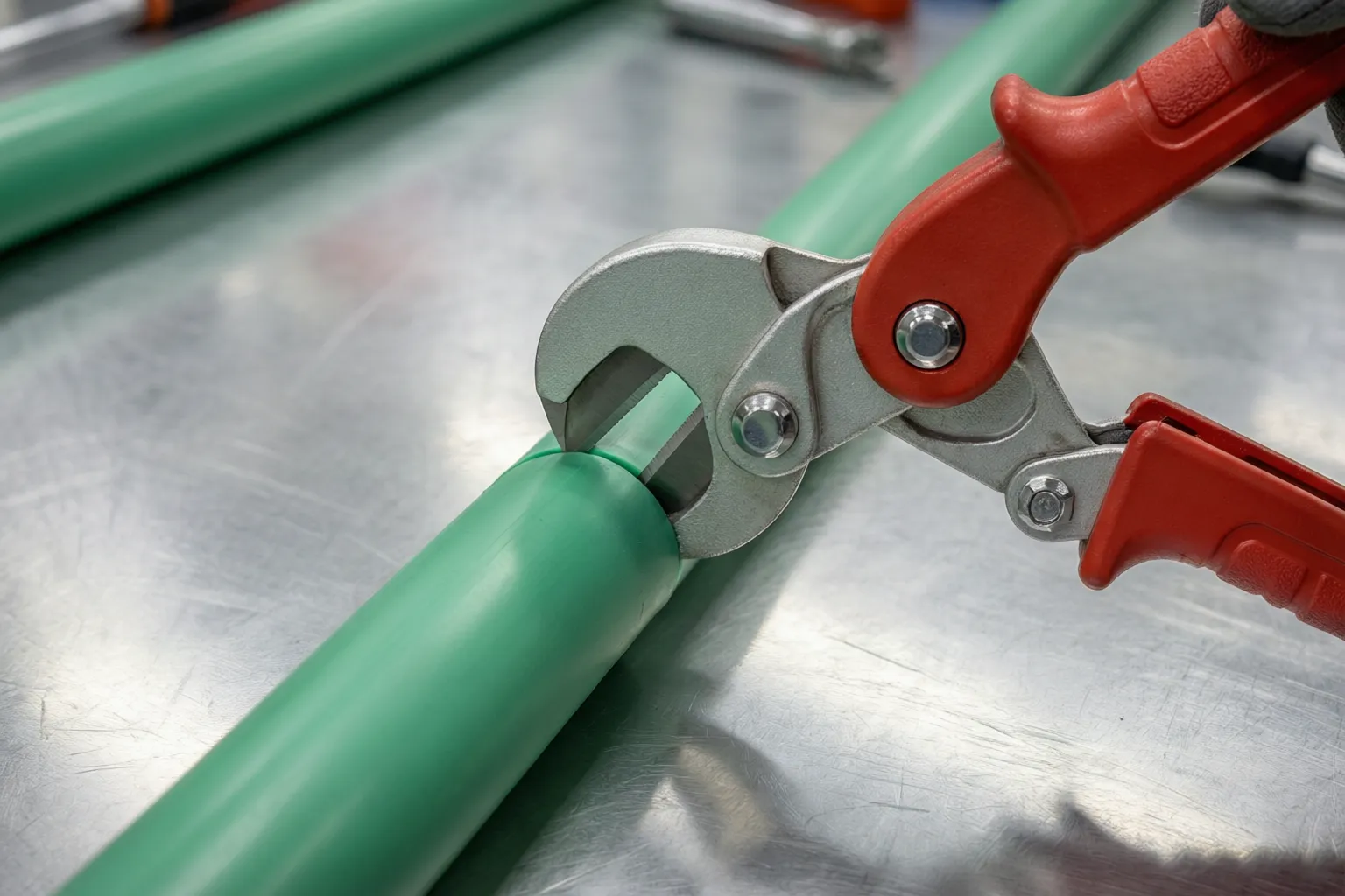 Ratchet PPR pipe cutter with V-blade clamped on a green polypropylene pipe at a workbench