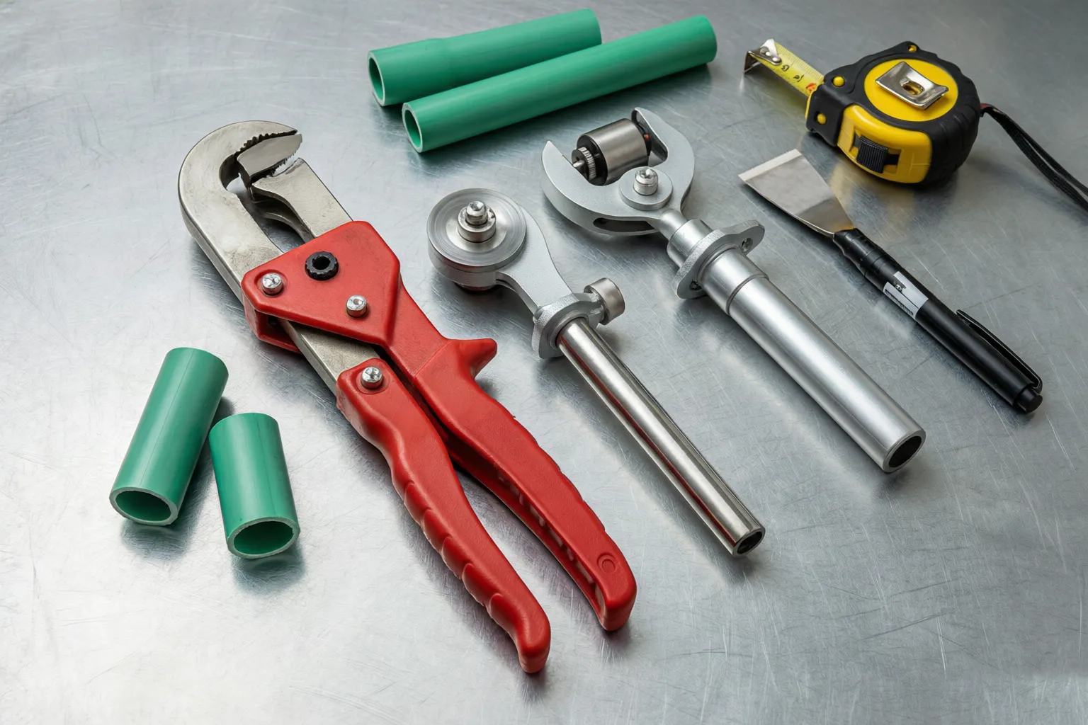 Installer cutting kit with ratchet cutter, rotary cutter, tape measure and deburring tool beside green PPR pipe offcuts