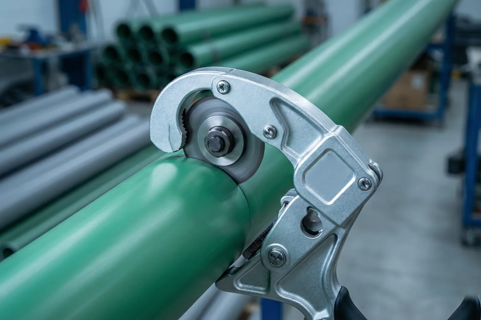 Rotary wheel PPR pipe cutter scoring a large-diameter green polypropylene pipe in a workshop