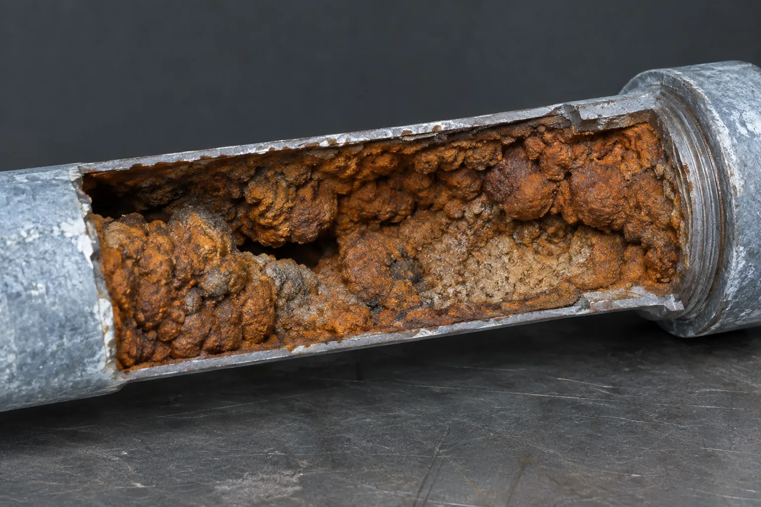 Galvanised steel water pipe cut open lengthwise, showing thick orange-brown corrosion tubercles and scale that have closed most of the internal bore