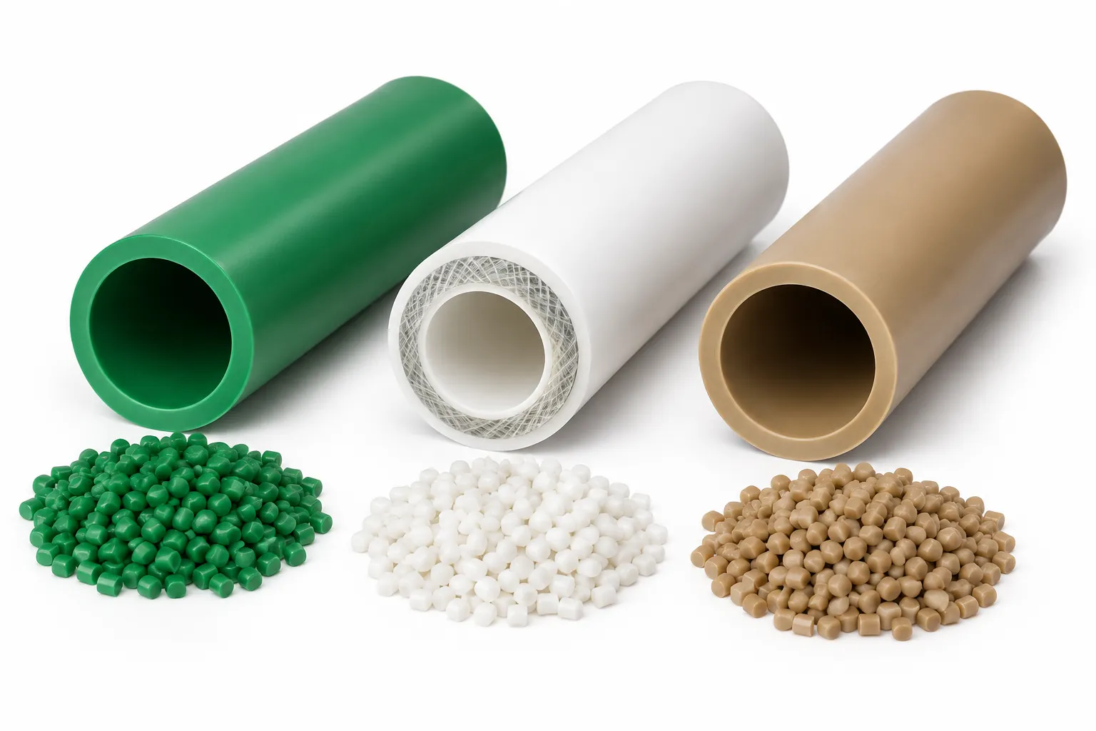 Three cut PP-R pipe sections on white - plain green, white with a fibre-glass composite middle layer visible at the cut, and tan hot-water grade - each beside a pile of matching polypropylene resin granules