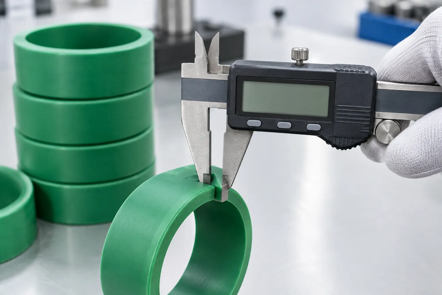 Gloved hand using a digital caliper to measure the wall thickness of a cut green PP-R pipe ring on a metrology bench, with more cut rings stacked behind