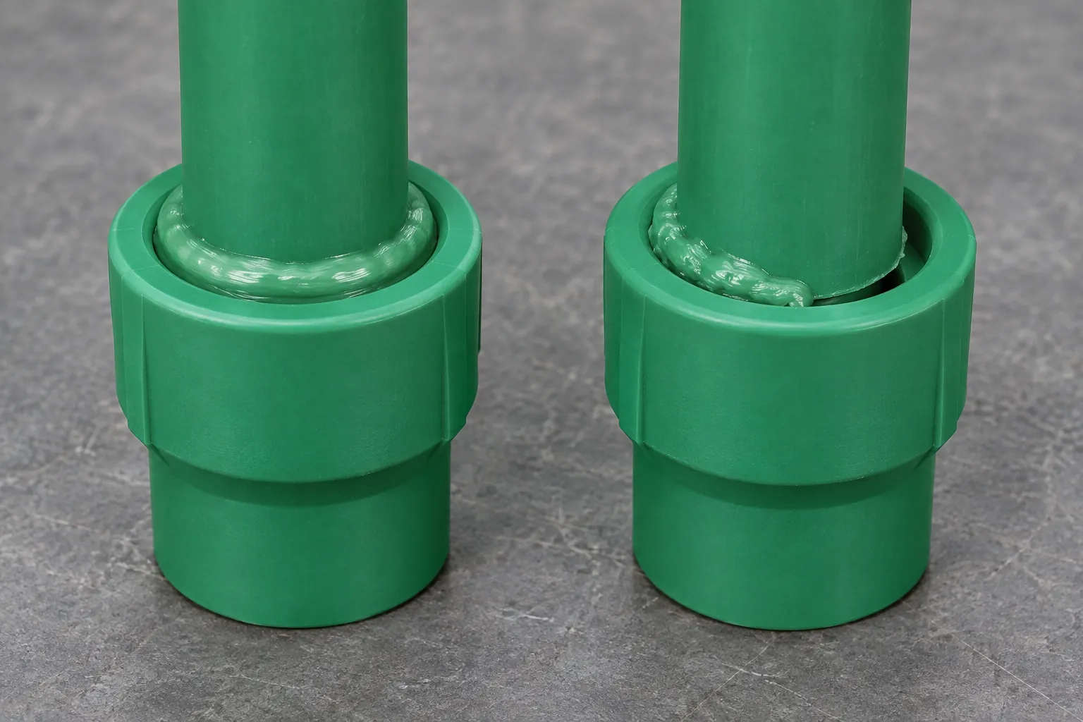 Two green PP-R socket-fusion joints side by side: on the left a continuous melt bead ring all round the pipe at the socket mouth, on the right a bead that stops partway round, leaving a gap on one side