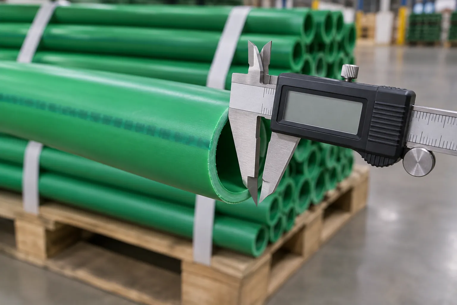 Caliper positioned at the edge of a green pipe end