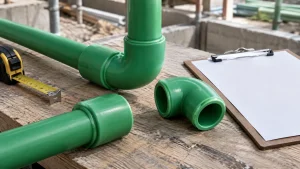 Green PP-R pipes joined with socket-fusion elbows and couplings on a site bench, a melt bead ring showing at each fitting mouth, beside a tape measure and a blank clipboard