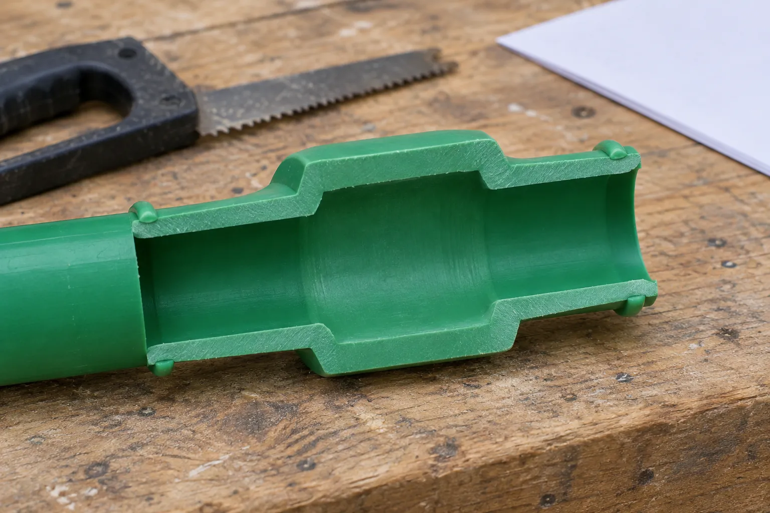 Green PP-R socket-fusion trial joint sawn lengthways on a wooden bench, the cut face showing pipe and coupling wall as one continuous solid section with small melt bead lips at each socket mouth