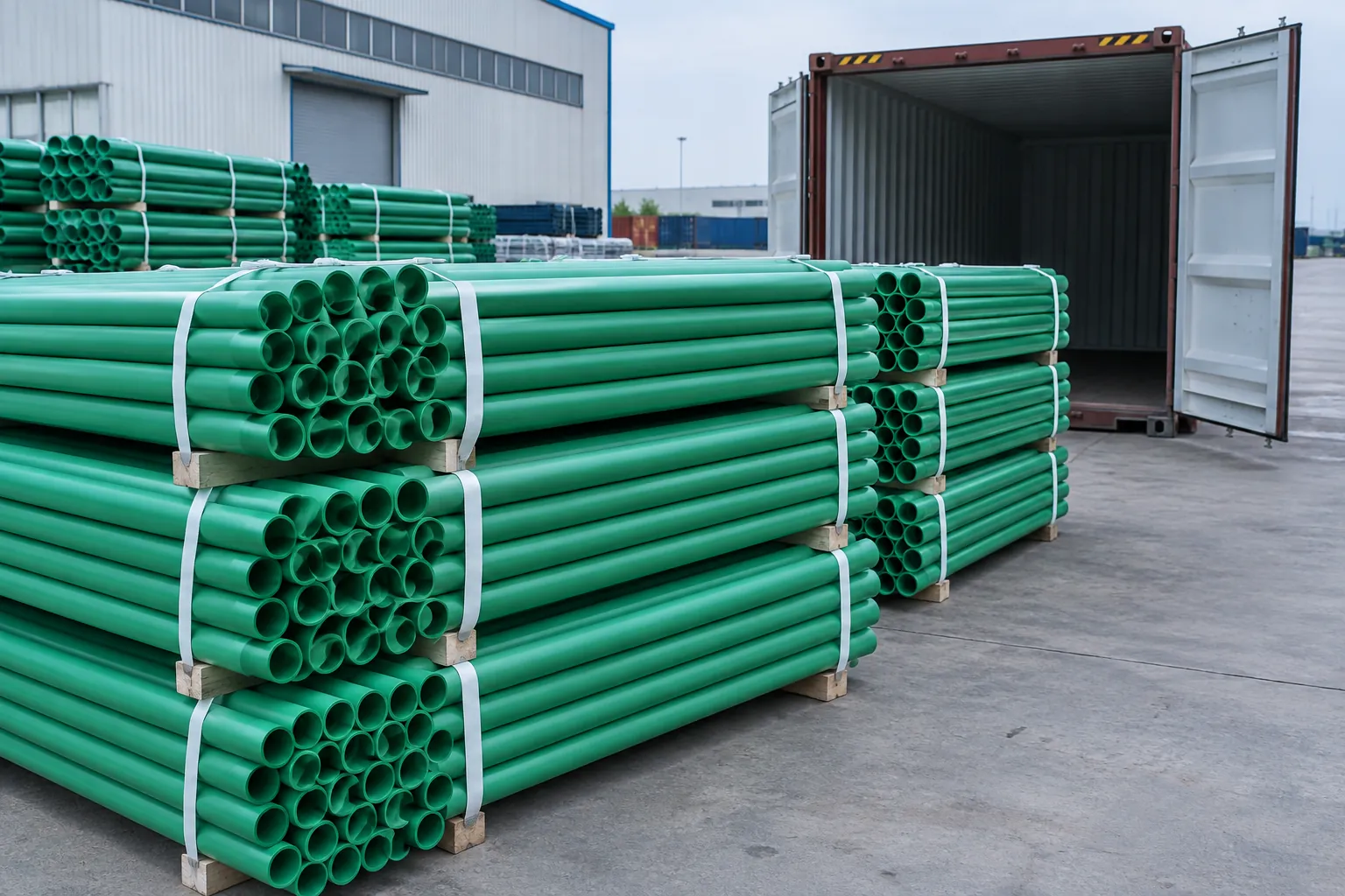 Strapped bundles of green PP-R pipe stacked on timber dunnage beside an open shipping container