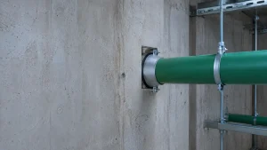 Green PP-R pressure pipe entering a concrete wall through a metal sleeve plate in a building services riser