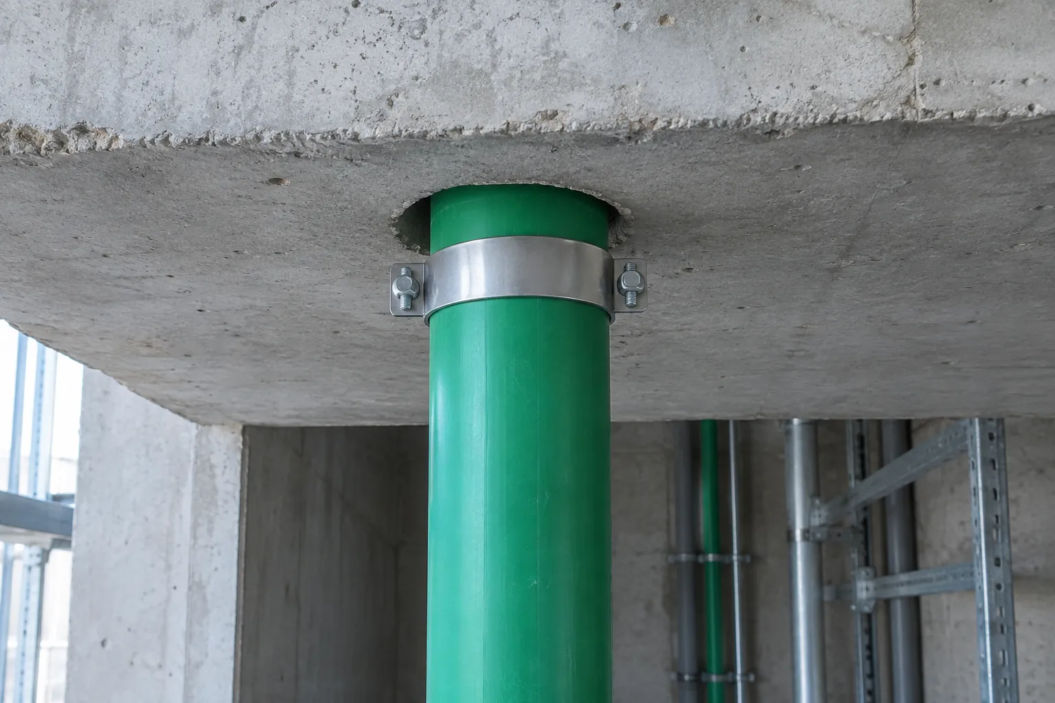 Green PP-R riser passing through a cored opening in a concrete floor slab with a plain steel band clamped beneath the soffit