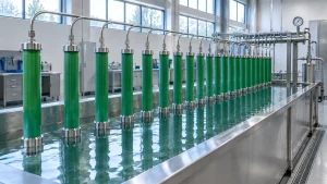Row of green PP-R pipe samples sealed with metal end caps and connected to a hydrostatic test manifold in a laboratory water bath