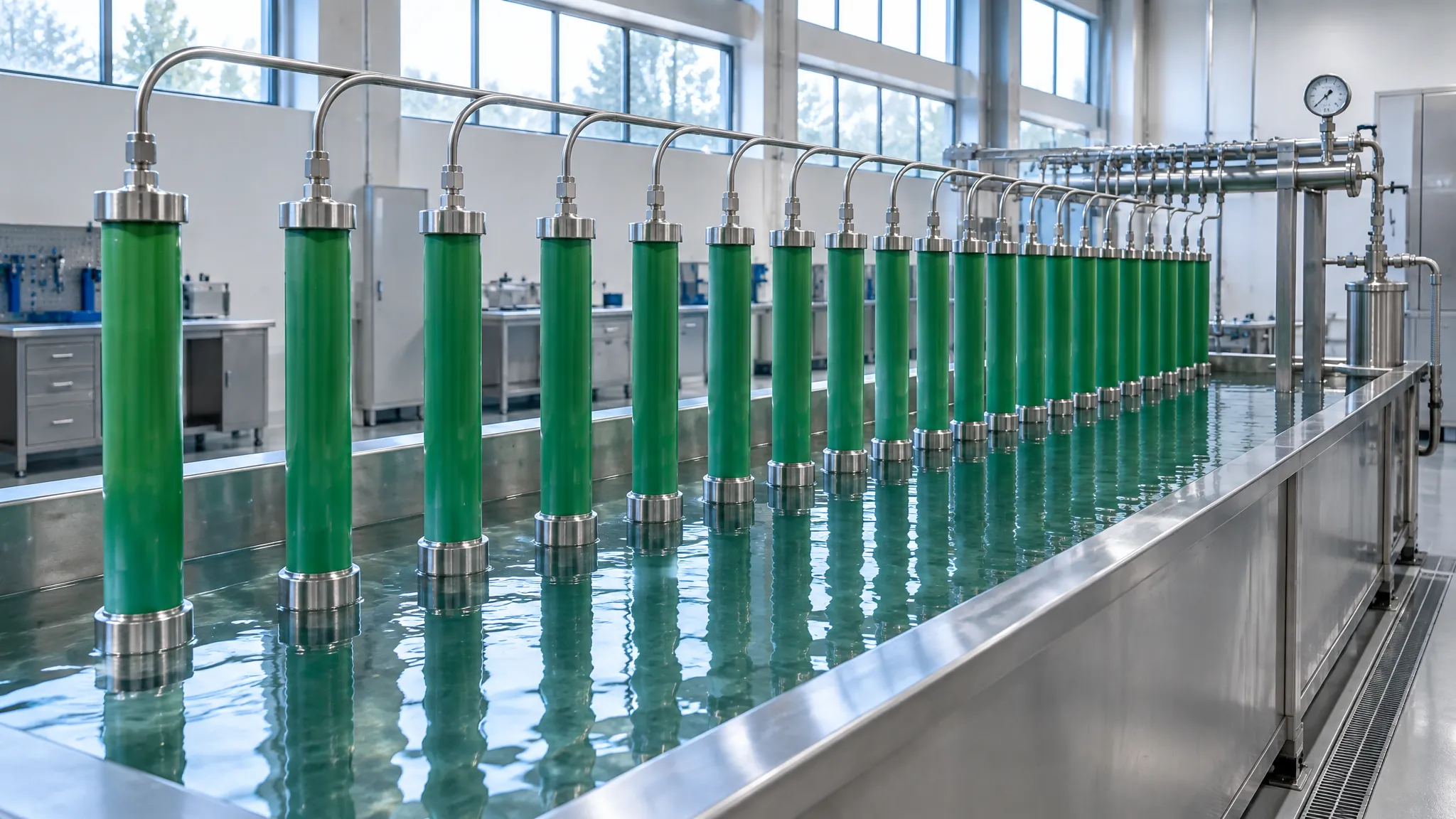 Row of green PP-R pipe samples sealed with metal end caps and connected to a hydrostatic test manifold in a laboratory water bath
