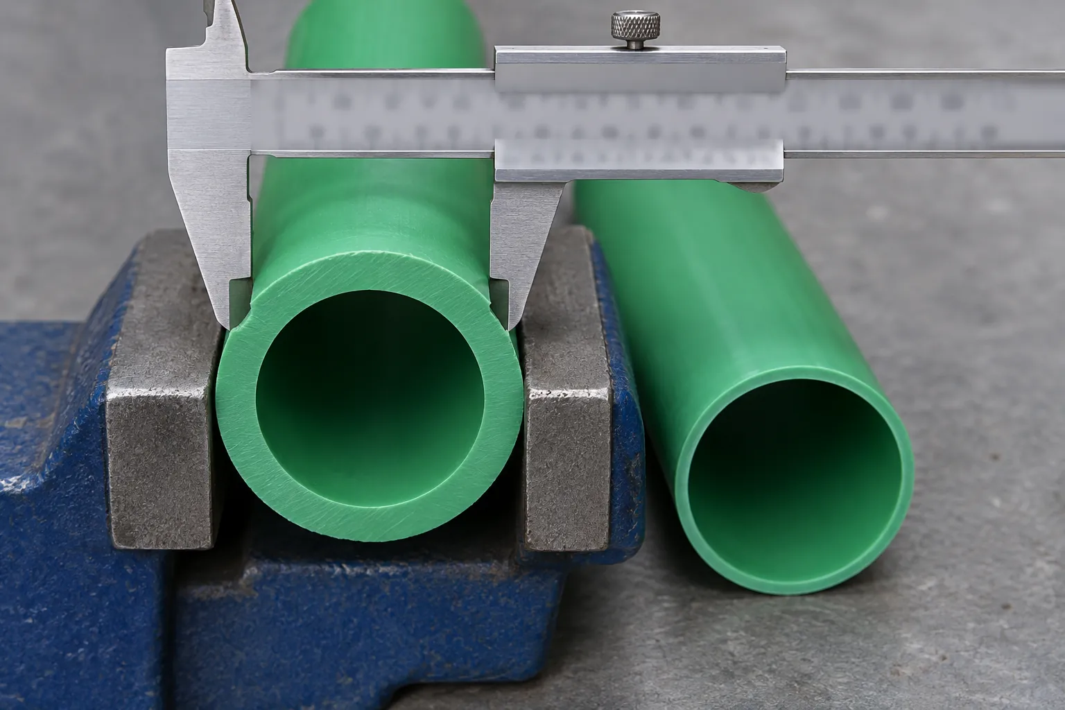 Vernier caliper across a thick-walled green PP-R pipe held in a bench vise, beside a thinner-walled green pipe of similar outside diameter