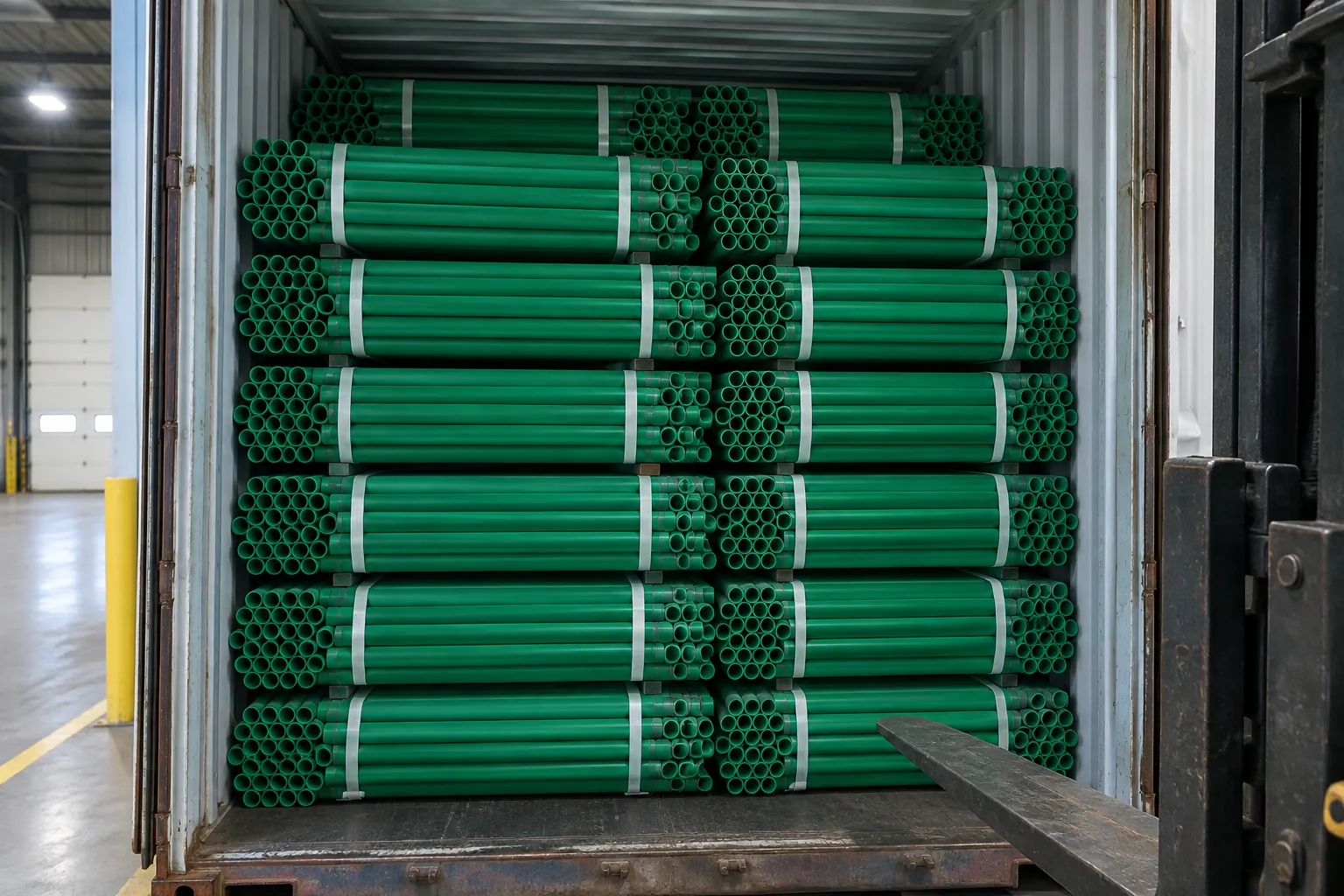 View from the doorway of a shipping container packed floor to roof with strapped bundles of green PP-R pipe, a forklift fork at the edge of the frame