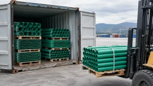 Strapped bundles of green PP-R pipe on pallets inside an open shipping container at a dry-port yard, with a forklift carrying another pallet of pipe in the foreground