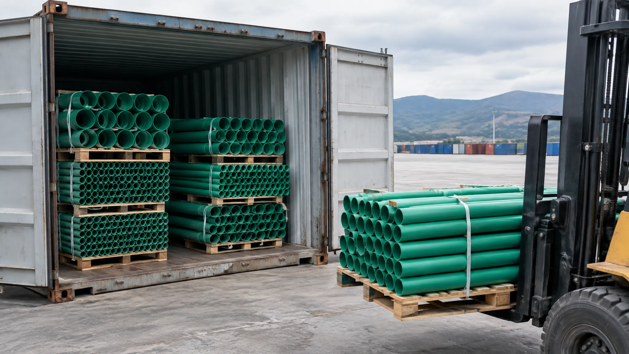 Strapped bundles of green PP-R pipe on pallets inside an open shipping container at a dry-port yard, with a forklift carrying another pallet of pipe in the foreground