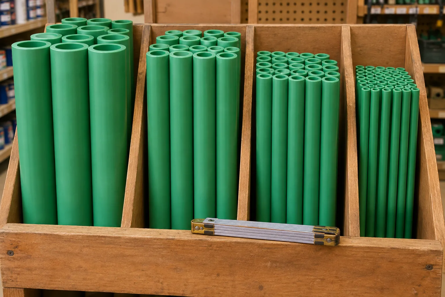Green PP-R pipes of four diameters standing in a wooden hardware-store rack, with a folding rule lying across the front
