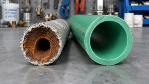 Cut section of galvanised steel water pipe with its bore closed by orange corrosion tubercles, lying beside a clean green PP-R PN20 SDR6 pipe of larger outside diameter