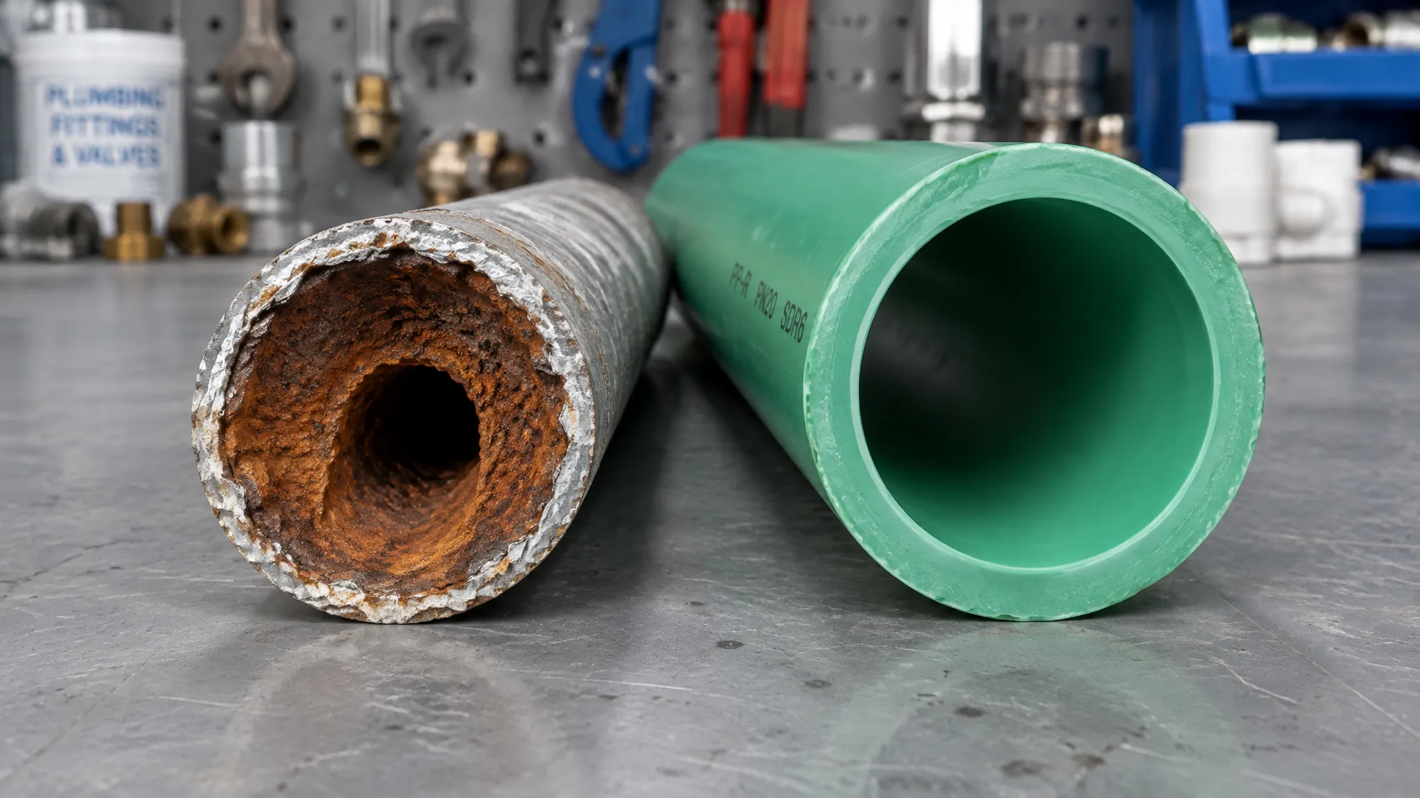 Cut section of galvanised steel water pipe with its bore closed by orange corrosion tubercles, lying beside a clean green PP-R PN20 SDR6 pipe of larger outside diameter