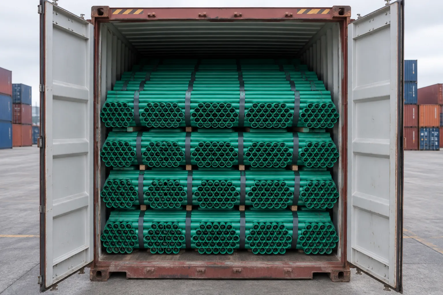 An open shipping container in a port yard loaded to the roof with strapped bundles of green PP-R pipe, the cut ends facing the open doors