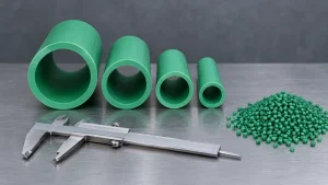 Four cut sections of green PP-R pipe in descending diameters standing on a steel bench beside a pair of vernier calipers and a heap of green PP-R granules