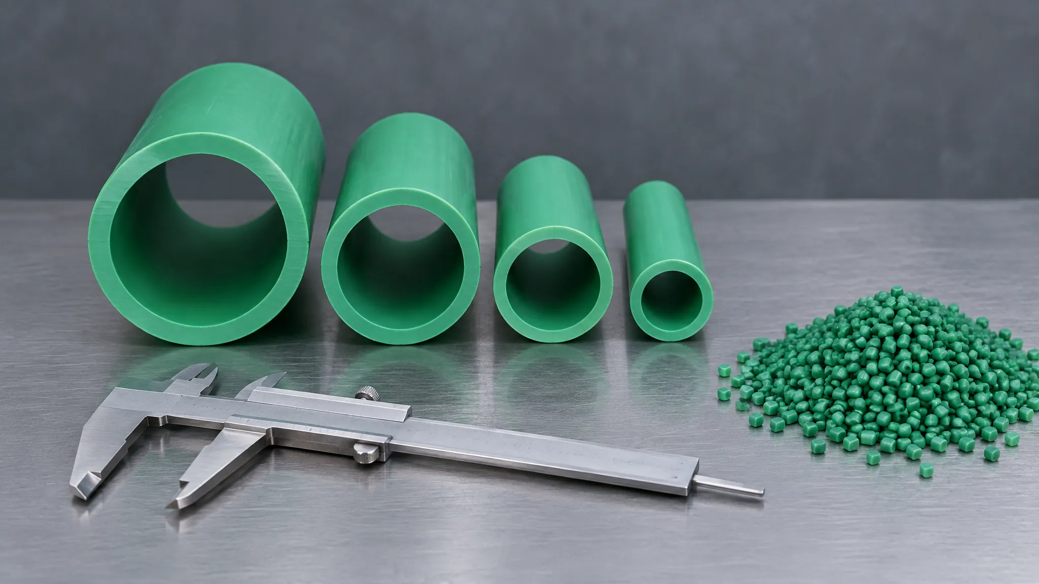 Four cut sections of green PP-R pipe in descending diameters standing on a steel bench beside a pair of vernier calipers and a heap of green PP-R granules