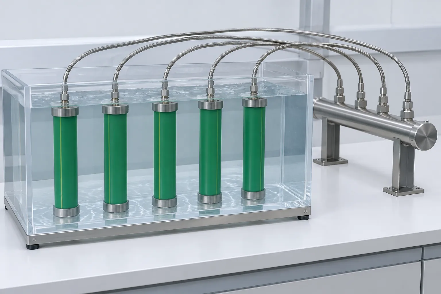 Five capped sections of green PP-R pipe submerged upright in a clear-walled constant temperature water bath, each joined by a braided hose to a stainless steel pressure manifold