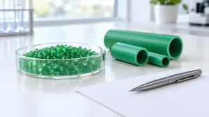 Glass laboratory dish of green polypropylene resin pellets on a white bench beside three short cut lengths of green PP-R pipe and a blank sheet of paper with a steel pen