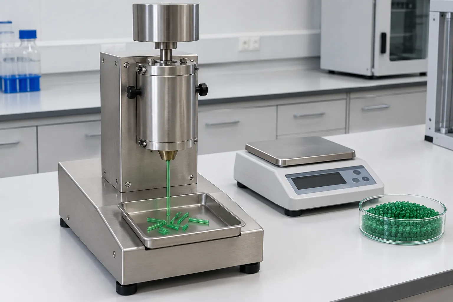 Stainless steel melt flow indexer extruding a thin green polymer strand into a tray of cut strand segments, with a precision balance and a dish of green pellets beside it