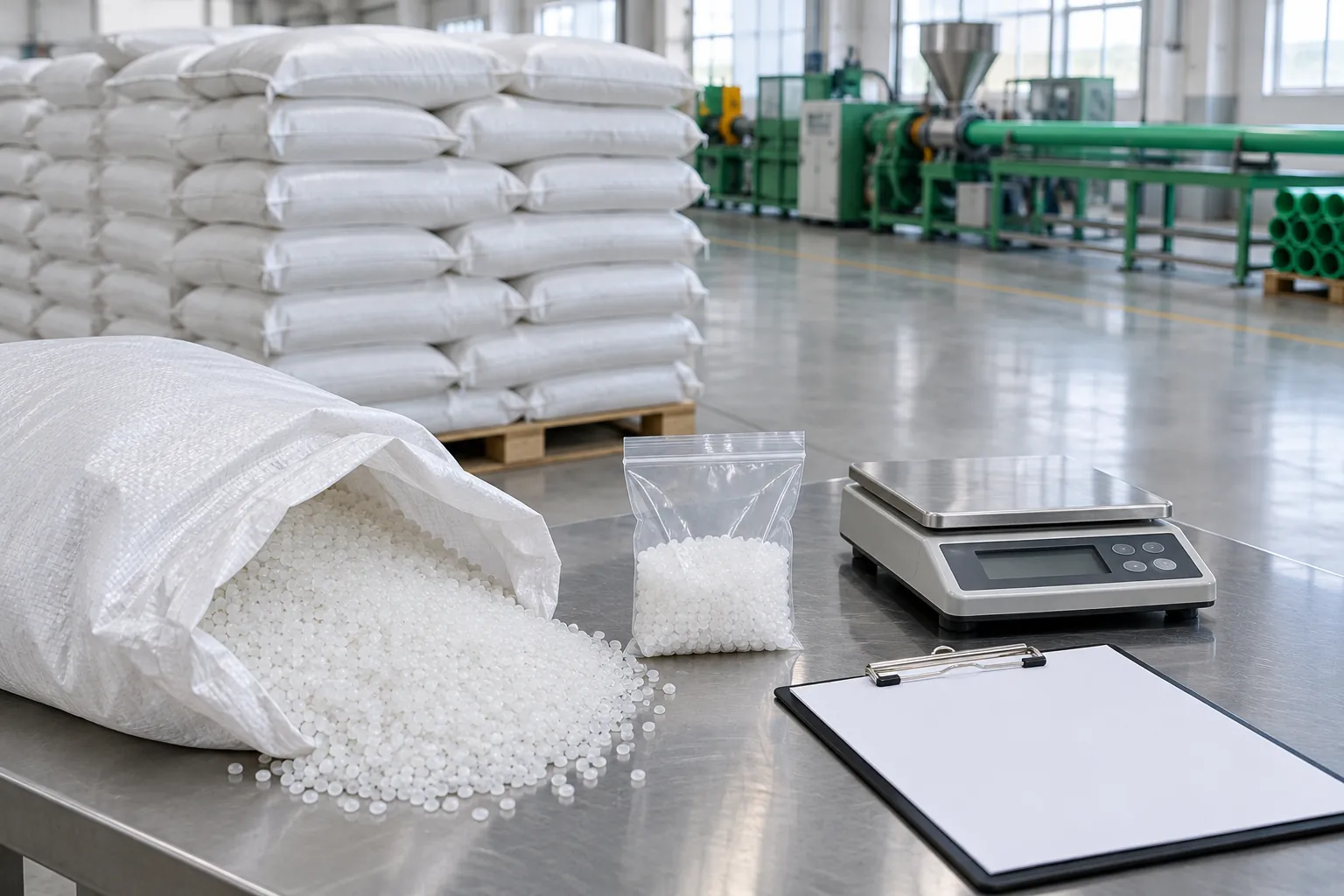 Opened white sack spilling natural polypropylene pellets on a steel inspection table beside a sample bag, a digital balance and a blank clipboard, with pallets of resin sacks and a green pipe extrusion line behind