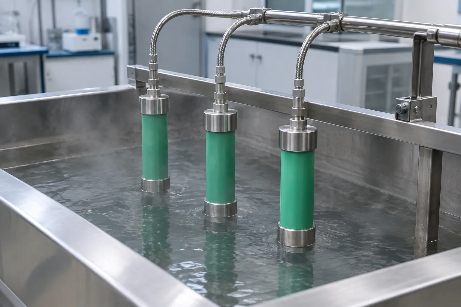 Three capped green polypropylene pipe specimens suspended in a steaming stainless steel water tank, each connected by a braided hose to a pressure manifold